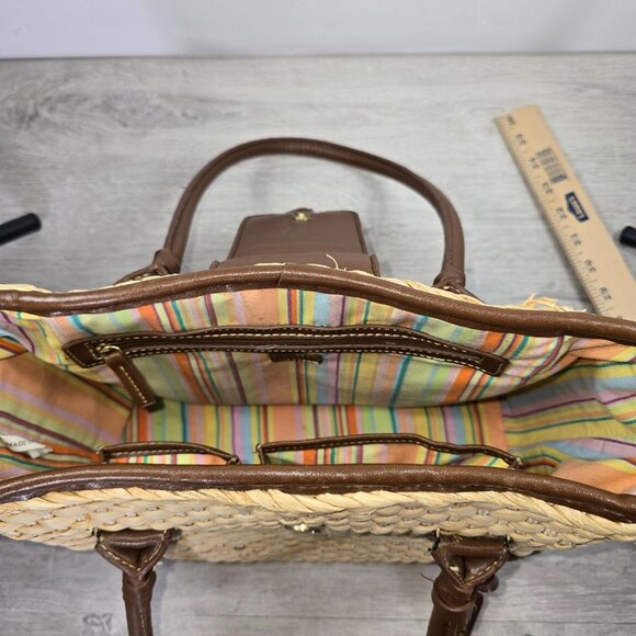 Chaps Straw Woven Shoulder Bag Purse Medium Brown Trim Charm Double Handle Rafia - Picture 9 of 9